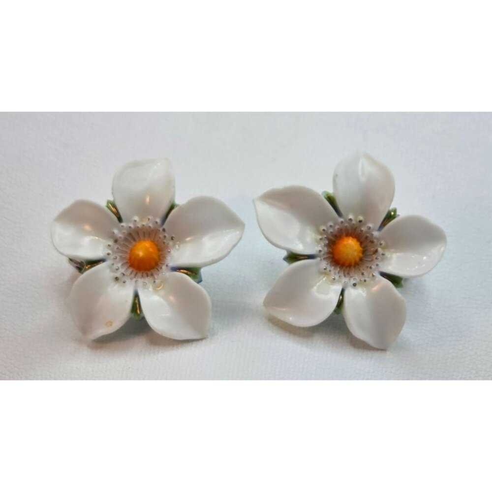 Vintage White Floral Clip-On Earrings Handcrafted Porcelain With Yellow & Green